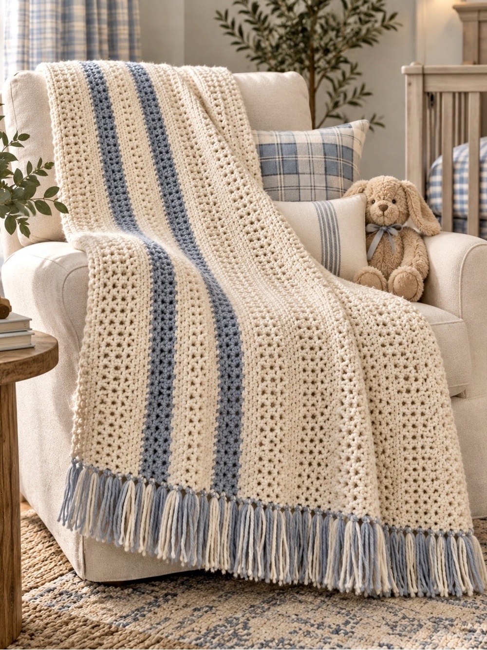 Handmade Crochet Afghan Throw Blanket With Fringe • 60”L x 40”W